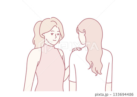 friend receives gentle comforting touch, kind woman offers solace with calm reassurance, compassionate woman reassures her distressed friend with caring gestures and steady eye contact 133694486