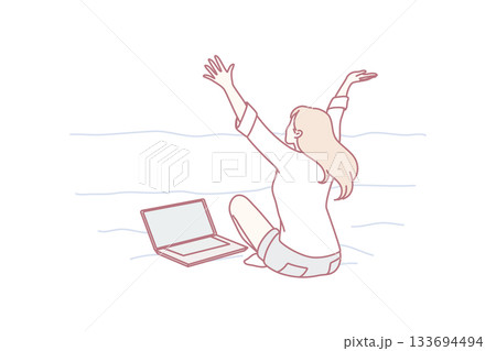 woman cheers with laptop outside, individual celebrating digital achievement by shore with open arms woman cheers with laptop outside, individual celebrating digital achievement by shore with open arms 133694494