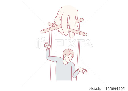 Puppeteer hand manipulating sad man 133694495
