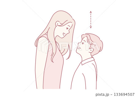 adult and child engaging in cheerful height comparison scene, whimsical drawing showcasing grownup and child playfully assessing height differences with loving interaction adult and child engaging in cheerful height comparison scene, whimsical drawing showcasing grownup and child playfully assessing height differences with loving interaction 133694507