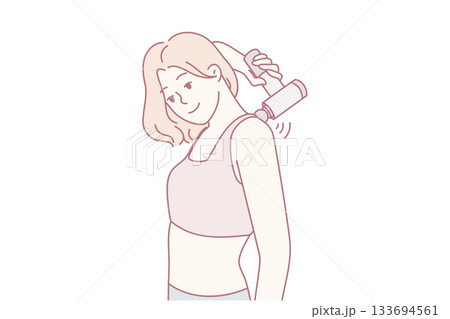 Female athlete resting after training session, Healthy woman with towel showing satisfaction postexercise Female athlete resting after training session, Healthy woman with towel showing satisfaction postexercise 133694561