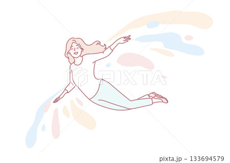 Smiling girl flying on colorful wings 133694579