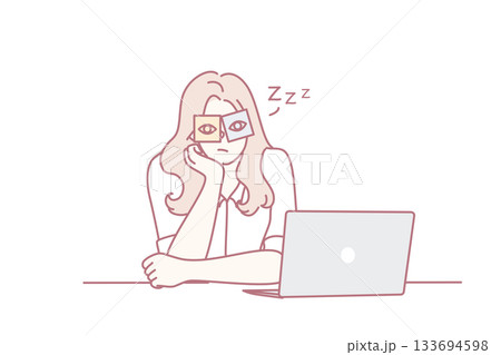 fatigued woman taking break during evening study session amid soft pastels and simple workspace 133694598