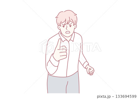Furious individual exhibits aggressive signals, Man shows rage using gestures and stern facial expression Furious individual exhibits aggressive signals, Man shows rage using gestures and stern facial expression 133694599
