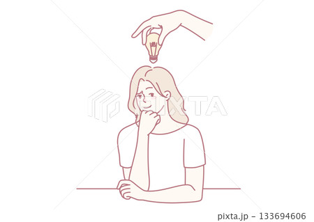 Pensive businesswoman with lightbulb above head 133694606