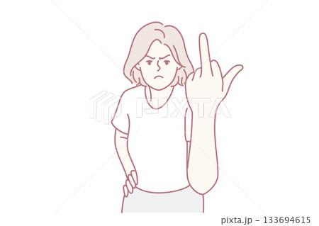 woman showing middle finger in defiance with angry expression, hand extended toward viewer, confrontational body language, bold line drawing conveying rebellious attitude and strong emotion 133694615