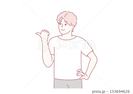 Individual with relaxed posture and warm smile indicating openness for guidance or promotion Individual with relaxed posture and warm smile indicating openness for guidance or promotion 133694626