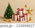 キラキラ輝くクリスマスツリーとゴールドのオーナメント 133694627