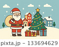 クリスマスの夜、雪が積もった家の前でサンタクロースがクリスマスを過ごす 133694629