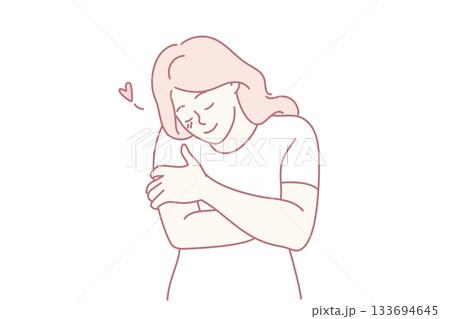 serene woman cuddles soft pillow, tranquil woman lovingly embraces her favorite fluffy pillow, peaceful woman with warm affection gently hugs her most comforting and soft cushion 133694645