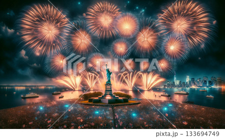 自由の女神とカウントダウンの花火大会 自由の女神とカウントダウンの花火大会 133694749