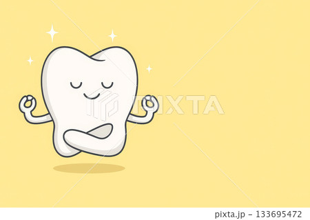 Smiling cartoon tooth meditating in lotus pose on yellow background, dental hygiene. wellness concept illustration for kids. Smiling cartoon tooth meditating in lotus pose on yellow background, dental hygiene. wellness concept illustration for kids. 133695472
