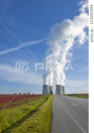 Temelin nuclear power plant cooling towers with rising steam Temelin nuclear power plant cooling towers with rising steam 133695684