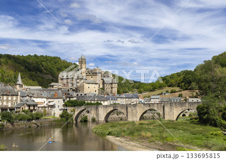 Estaing village castle and medieval bridge over Lot river Estaing village castle and medieval bridge over Lot river 133695815