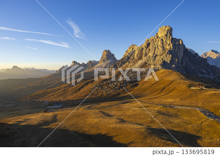 Passo Giau Dolomites landscape at golden hour in autumn 133695819