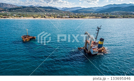Manassa Rose Shipwreck. Crete. Greece. Aerial Shot. Cargo Ship. Coastline. Manassa Rose Shipwreck. Crete. Greece. Aerial Shot. Cargo Ship. Coastline. 133695846