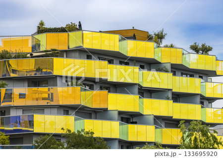 Modern architecture building with colorful balconies in Montpellier, France Modern architecture building with colorful balconies in Montpellier, France 133695920