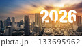 Modern city skyline at sunset with large number 2026, representing new year. Perfect for celebrating new beginnings related to the year 2026 and beyond. 133695962