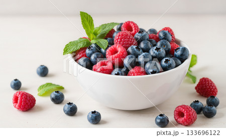 Bowl with fresh blueberries and raspberries with mint leaves on white background. Healthy summer snack full of vitamins. Natural food style. 133696122