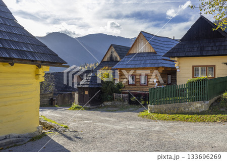 Traditional wooden houses in historic Vlkolinec village, Slovakia Traditional wooden houses in historic Vlkolinec village, Slovakia 133696269