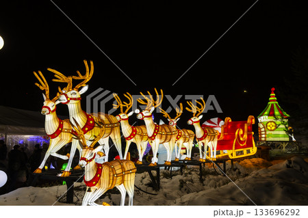 Illuminated reindeer pulling Santa sleigh lantern display Illuminated reindeer pulling Santa sleigh lantern display 133696292
