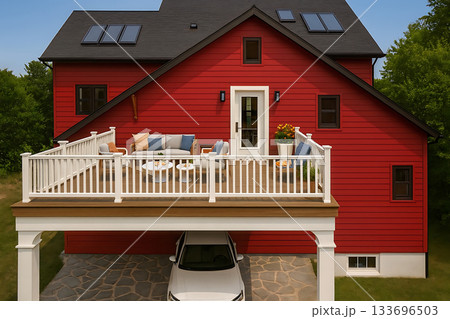 黒屋根と赤い外壁が印象的なカーポートバルコニー付き邸宅「AI生成画像」 133696503