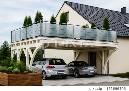 植栽とカーポートバルコニーが調和するスタイリッシュな家の景観「AI生成画像」 133696506
