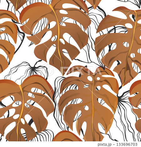Floral seamless with hand drawn color exotic monstera leaves. Cute summer background. Tropic branches. Modern floral compositions. Fashion vector illustration for wallpaper, fabric, textile 133696703