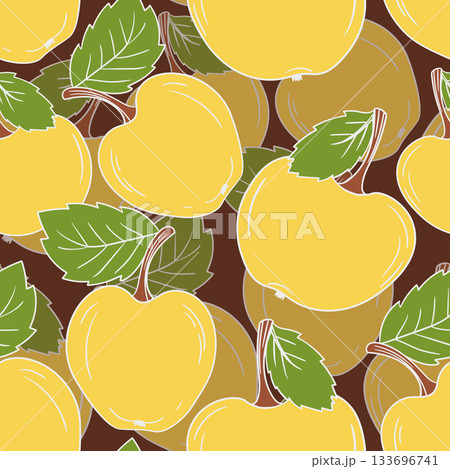 Seamless pattern with apple on color background. Natural delicious fresh ripe tasty fruit. Vector illustration for print, fabric, textile, banner, design. Stylized apples with leaves. Food concept Seamless pattern with apple on color background. Natural delicious fresh ripe tasty fruit. Vector illustration for print, fabric, textile, banner, design. Stylized apples with leaves. Food concept 133696741