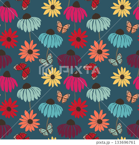Seamless floral pattern based on traditional folk art ornaments. Colorful flowers on color background. Scandinavian style. Sweden nordic style. Vector illustration. Simple minimalistic pattern Seamless floral pattern based on traditional folk art ornaments. Colorful flowers on color background. Scandinavian style. Sweden nordic style. Vector illustration. Simple minimalistic pattern 133696761