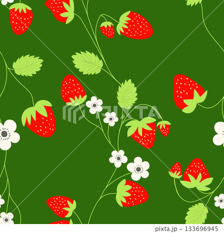 Seamless pattern with strawberry on color background. Natural delicious fresh ripe tasty fruit. Vector illustration for print, fabric, textile, banner, other design. Food concept. 133696945