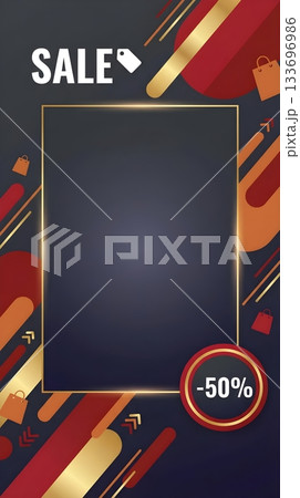 Elegant vertical sale banner with dark background, golden frame, red geometric accents, and -50 badge 133696986