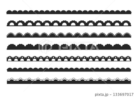 Scalloped edge lace border, textile frill stripe. scalloped border, frame, pattern isolated. Zigzag edge border, cutout decoration line frame collection Scalloped edge lace border, textile frill stripe. scalloped border, frame, pattern isolated. Zigzag edge border, cutout decoration line frame collection 133697017