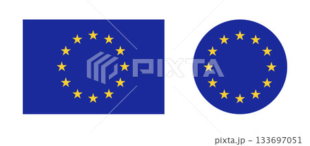 Set of European Union rectangular, round flag. Flag of EU collection, yellow stars on blue circle, rectangle. European Union flag flat push button, badge, backdrop. 133697051
