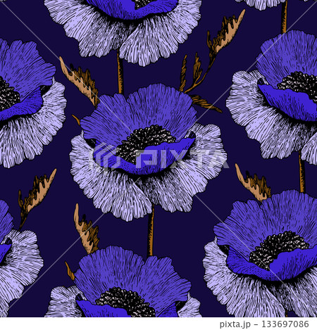 Blooming poppy. Seamless floral pattern based on hand drawn art ornaments. Colorful flowers on color background. Vector illustration. Simple pattern for fabric, textile 133697086