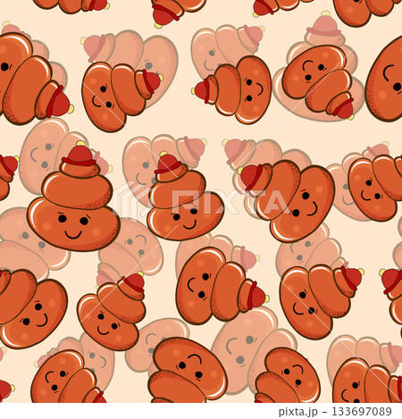 Seamless pattern with kawaii poop on white background. Cartoon poo, feces icons. Shit patterns, evil turd. Vector illustration for invitation, poster, card, fabric, textile. Doodle style 133697089