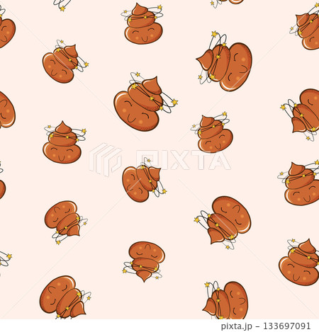 Seamless pattern with kawaii poop on white background. Cartoon poo, feces icons. Shit patterns, evil turd. Vector illustration for invitation, poster, card, fabric, textile. Doodle style 133697091