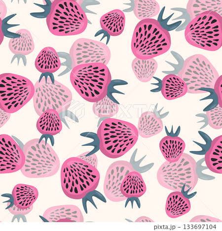 Seamless pattern with strawberry on color background. Natural delicious fresh ripe tasty fruit. Vector illustration for print, fabric, textile, banner, other design. Food concept Seamless pattern with strawberry on color background. Natural delicious fresh ripe tasty fruit. Vector illustration for print, fabric, textile, banner, other design. Food concept 133697104