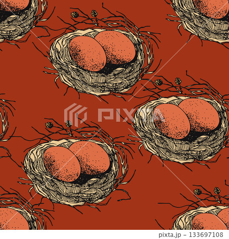 Spring seamless pattern with Bird nest with eggs. Easter hand drawn vector illustration, holiday design Spring seamless pattern with Bird nest with eggs. Easter hand drawn vector illustration, holiday design 133697108