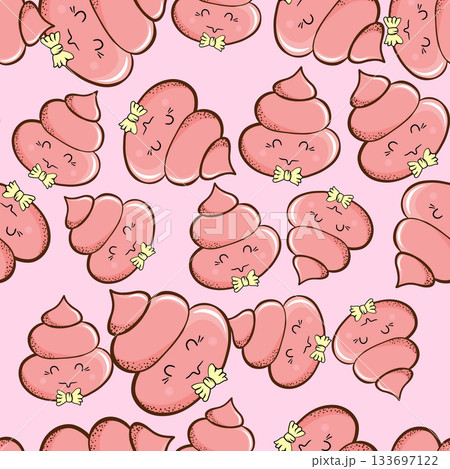 Seamless pattern with kawaii poop on color background. Cartoon poo, feces icons. Shit patterns, evil turd. Vector illustration for invitation, poster, card, fabric, textile. Doodle style 133697122