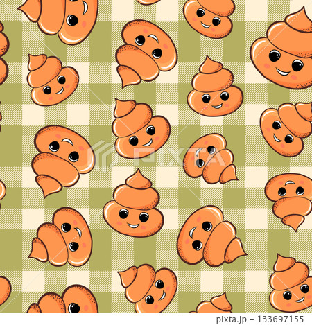 Seamless pattern with kawaii poop on color background. Cartoon poo, feces icons. Shit patterns, evil turd. Vector illustration for invitation, poster, card, fabric, textile. Doodle style 133697155