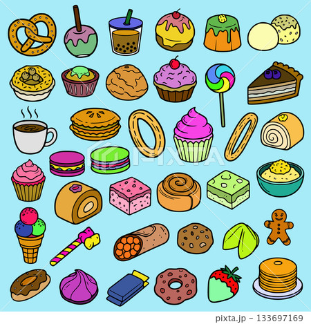 A vibrant, cartoon-style illustration featuring a large variety of colorful dessert and sweet food icons on a light blue background. The collection includes popular items such as donuts, cupcakes, mac 133697169