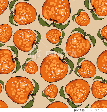 Seamless pattern with apple on color background. Natural delicious fresh ripe tasty fruit. Vector illustration for print, fabric, textile, banner, design. Stylized apples with leaves. Food concept 133697182