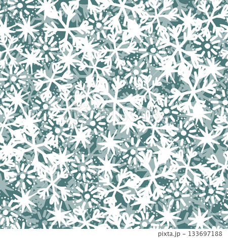 Winter seamless pattern with white snowflakes on color background. Vector illustration for fabric, textile wallpaper, posters, gift wrapping paper. Christmas vector illustration. Falling snow Winter seamless pattern with white snowflakes on color background. Vector illustration for fabric, textile wallpaper, posters, gift wrapping paper. Christmas vector illustration. Falling snow 133697188