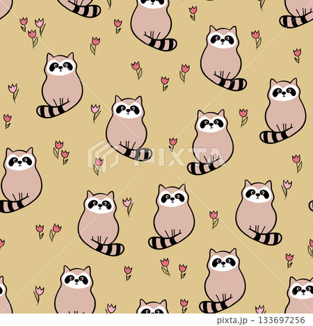 Vector seamless repeating childish pattern with cute raccoon in doodle style. Animals background for invitation, poster, card, flyer, textile, fabric Vector seamless repeating childish pattern with cute raccoon in doodle style. Animals background for invitation, poster, card, flyer, textile, fabric 133697256