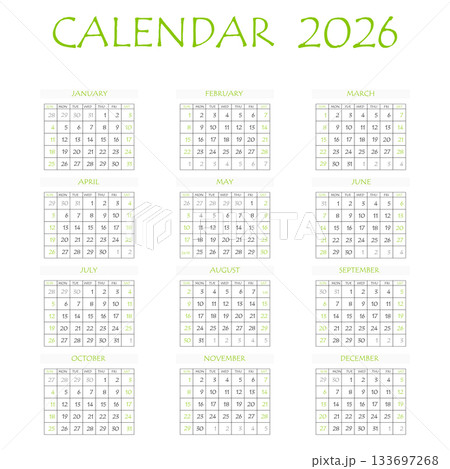 2026 calendar planner. Corporate week. Template layout, 12 months yearly, white background. Simple design for business brochure, flyer, print media, advertisement. Week starts from Monday 2026 calendar planner. Corporate week. Template layout, 12 months yearly, white background. Simple design for business brochure, flyer, print media, advertisement. Week starts from Monday 133697268