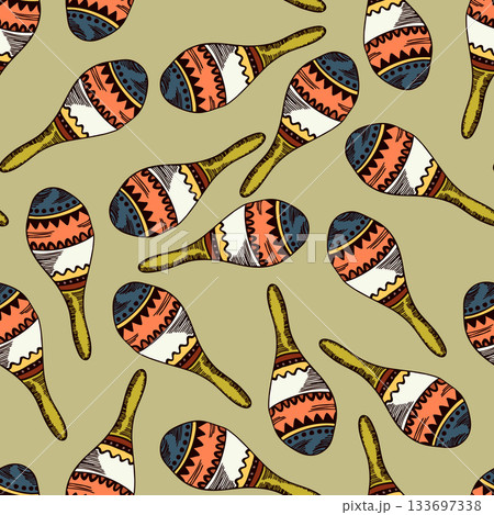 Seamless pattern with Cuban or Mexican maracas. Musical instrument. Wild West, Mexico concept. Vector drawing background for textile, wallpaper, packaging, fabric 133697338