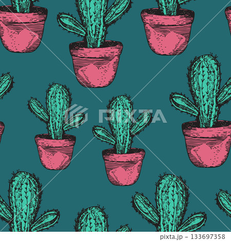 Seamless pattern with cacti, blooming succulent on color background. Vector hand drawn illustration for packaging, fabric, textile. Wild west cactus, western concept Seamless pattern with cacti, blooming succulent on color background. Vector hand drawn illustration for packaging, fabric, textile. Wild west cactus, western concept 133697358