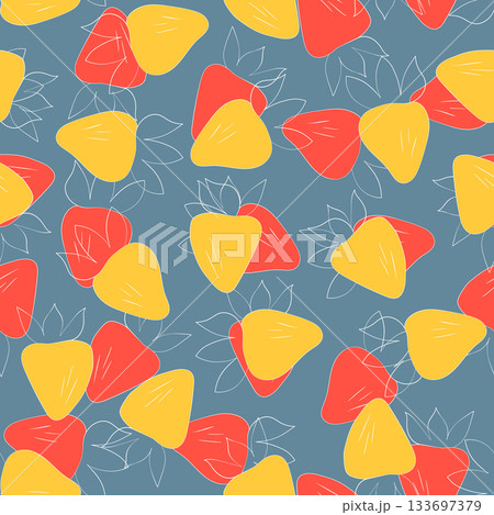 Seamless pattern with strawberry on color background. Natural delicious fresh ripe tasty fruit. Vector illustration for print, fabric, textile, banner, other design. Food concept Seamless pattern with strawberry on color background. Natural delicious fresh ripe tasty fruit. Vector illustration for print, fabric, textile, banner, other design. Food concept 133697379