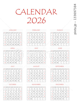2026 calendar planner. Corporate week. Template layout, 12 months yearly, white background. Simple design for business brochure, flyer, print media, advertisement. Week starts from Monday 2026 calendar planner. Corporate week. Template layout, 12 months yearly, white background. Simple design for business brochure, flyer, print media, advertisement. Week starts from Monday 133697384